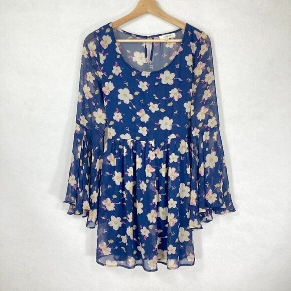Umgee Navy Blue Floral Keyhole Back Bell Sleeve Babydoll Swing Boho Dress S - Picture 1 of 4